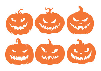 collection features six unique orange pumpkin silhouettes on white background. Each pumpkin displays different scary expression, perfect for Halloween themed projects or decoration