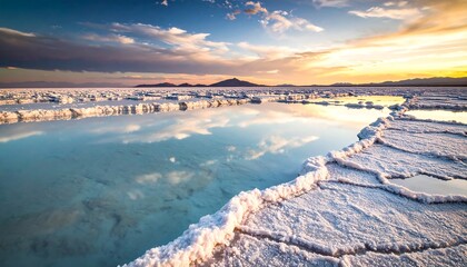 Naklejka premium A scenic vista of a vast, reflective salt flat under a vibrant sunset sky. Shallow water mirrors the clouds and horizon