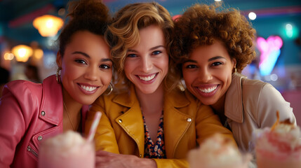 Group of friends in poodle skirts and leather jackets at retro diner, jukebox glowing behind, milkshakes on counter, 1950s teen culture, rock and roll energy, classic Americana sty