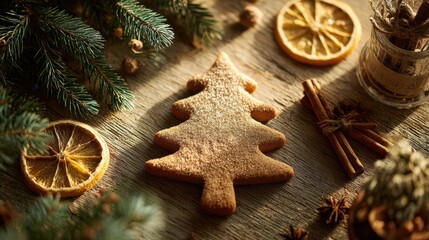 Homemade Christmas tree shaped cookie with powdered sugar surrounded by pine branches, dried oranges, cinnamon sticks, and star anise on rustic wooden table in warm festive light