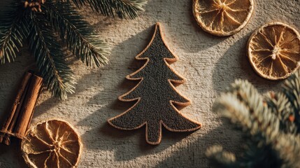 Christmas tree shaped cookie surrounded by dried orange slices, cinnamon sticks, and pine branches on rustic surface, creating a cozy festive holiday atmosphere with warm natural tones