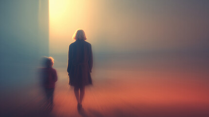An image depicting a woman meeting with and comforting a younger version of herself. Themes of therapy, time. Wide landscape format with copy space 16:9