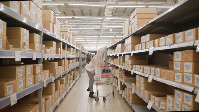 Close up of shopping mom takes item from cart and returns it to shelf in supermarket aisle, passing by other shoppers, capturing moment of reconsideration and consumer decision in retail environment