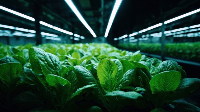 Lush green vegetables in indoor hydroponic farming facility under bright led lights - Powered by Adobe