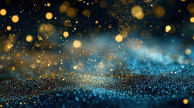 This image shows a glittering blue and gold abstract background filled with shimmering particles. It's ideal for creative design projects.