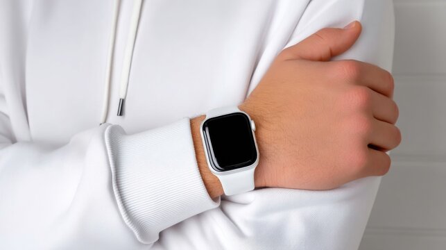 Close-up of smartwatch on caucasian male teen in white sweatshirt