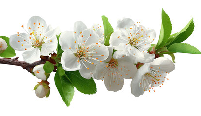 Fototapeta premium A close-up of a blossoming branch, featuring delicate white flowers and vibrant green leaves