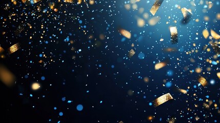 This image captures a vibrant explosion of golden and blue confetti particles against a dark background, creating a festive atmosphere.