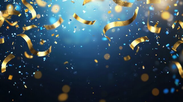 This image features vibrant confetti and streamers falling against a blurred blue background, creating a festive and joyful atmosphere perfect for celebrations.