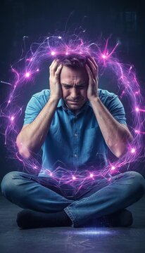 Professional male in blue shirt sits cross-legged, hands covering face, surrounded by intricate neural network visualization depicting psychological pressure and cognitive complexity.