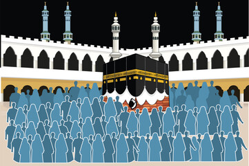 "Kaaba Illustration in Masjid al-Haram &ndash; Pilgrims Performing Tawaf | Islamic Vector Art for Hajj and Umrah"
