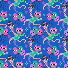 Birthday party seamless cats pattern for wrapping paper and fabrics and linens and kids clothes print