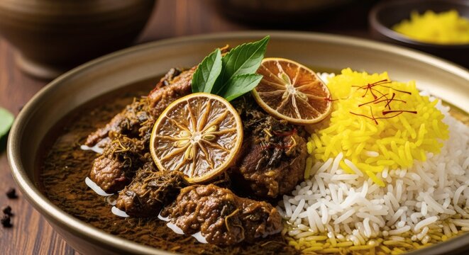 Khoresh Persian Stew with Herbs Meat and Dried Limes in Elegant Presentation