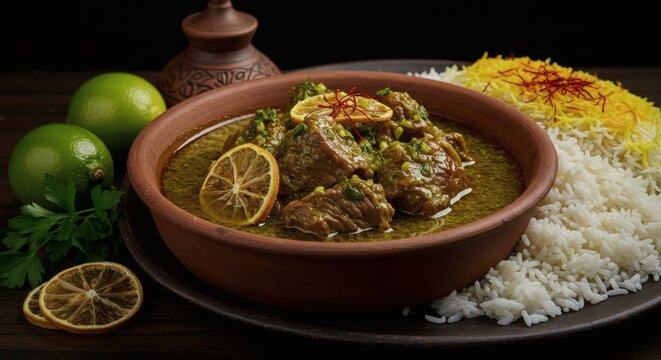 Khoresh Persian Stew with Herbs Meat and Dried Limes in Elegant Presentation