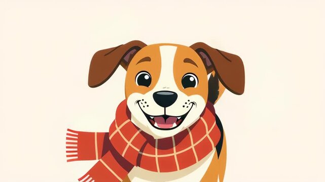 Cute animated dog character wearing a red winter scarf. Happy cartoon puppy smiling and changing expressions. 2D illustration with copy space for autumn or holiday themes
