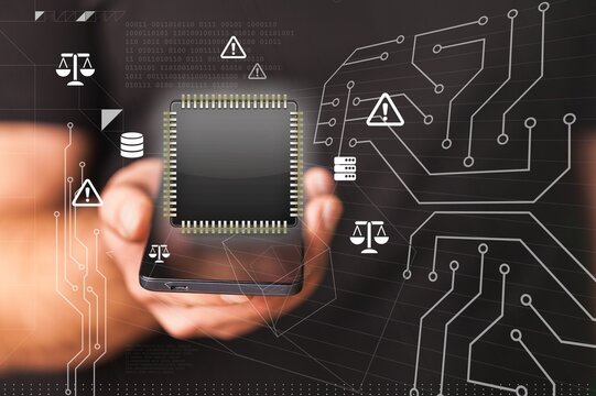 Digital circuit microchip and warning symbols