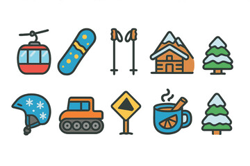 Fototapeta premium Winter sports and holiday flat icon set. skiing, snowboarding, snowy mountain icons.