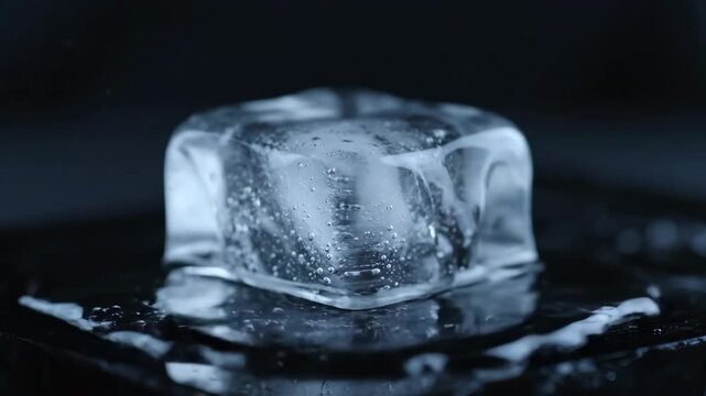 A block of ice slowly melts and transforms into water droplets, showcasing the mesmerizing effect of a natural physical change over time physics, environmental impact, drops