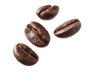 Roasted coffee beans, slightly out of focus, appear to be in mid-air, dark brown with visible ridges and natural textures
