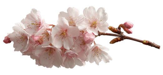 Close-up of a delicate cherry blossom branch with many blossoms.  Soft, pale pink and white flowers cluster along a brown stem.  Several buds are visible.  Black background