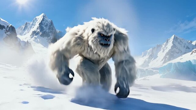 Powerful white cryptid traversing rugged alpine terrain with dramatic movement, revealing muscular silhouette against stark snow-covered mountain landscape with sharp rocky peaks