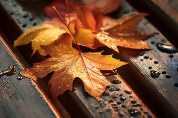 A collection of yellow-orange autumn leaves lies on a garden chair, rainwater dripping onto them. The photo was taken up close.