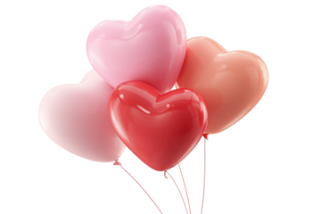 Three heart-shaped balloons in varying shades of pink and red, against a black background.  They appear glossy and 3D rendered, with delicate strings