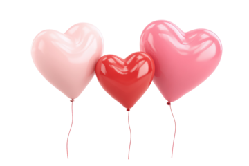 Three heart-shaped balloons in shades of pink and red