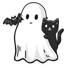Cute Halloween Friends: Cartoon Ghost with Black Cat and Bat