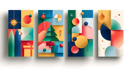 A collection of abstract modern geometric flat poster templates with Christmas and New Year's motifs. winter vacations. Greetings of the season. Vector graphics for web banners, cards, and packaging. 