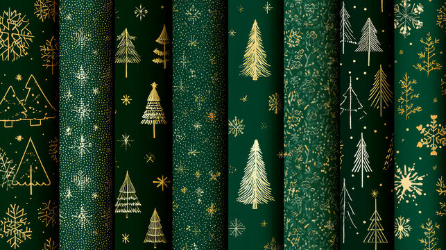 Holiday, Christmas, and New Year's dark green seamless pattern set with stars, snowflakes, and Christmas trees. Loopable banner, background, wrapping paper, and textile designs 