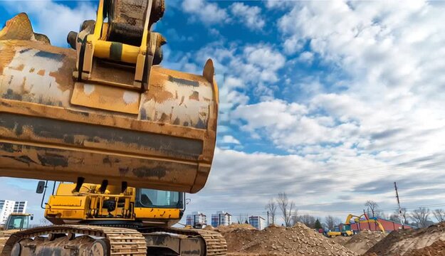 Construction site and industrial heavy machine excavator outdoor. Excavator digger. Heavy equipment machinery. Industrial heavy equipment