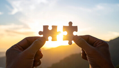 Hands Connecting Puzzle Pieces Symbol of Partnership and Solution. Business teamwork, target, success, goals and strategy concepts.