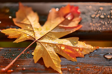 A yellow-orange autumn leaf lies on a garden chair, rainwater dripping onto it. The photo was taken up close.