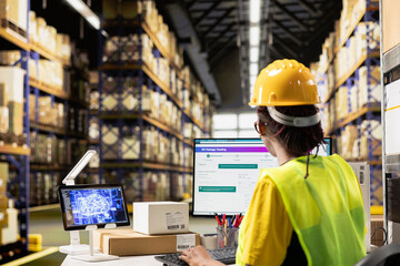 Black warehouse worker managing inventory logistics with AI virtual assistant to help updating shipping labels for accurate delivery and order processing. Online shopping retail activity.