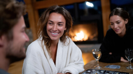 A group of friends enjoy a cheerful conversation around a table, creating memorable moments in a cozy home setting with a fireplace, emblematic of deep social bonds.