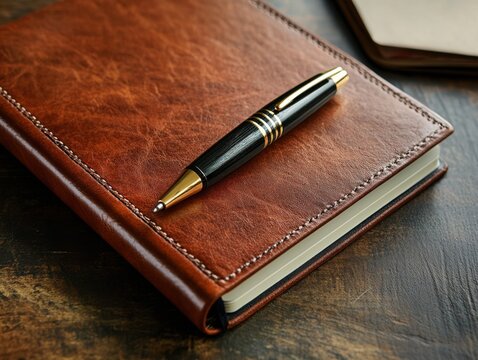 A classic black pen rests on a brown leather journal cover with golden trim.