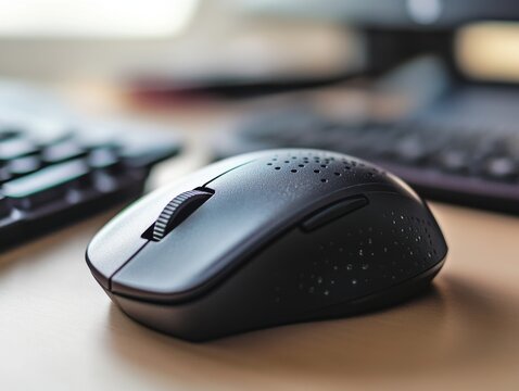 A black computer mouse rests beside a keyboard on a desk.