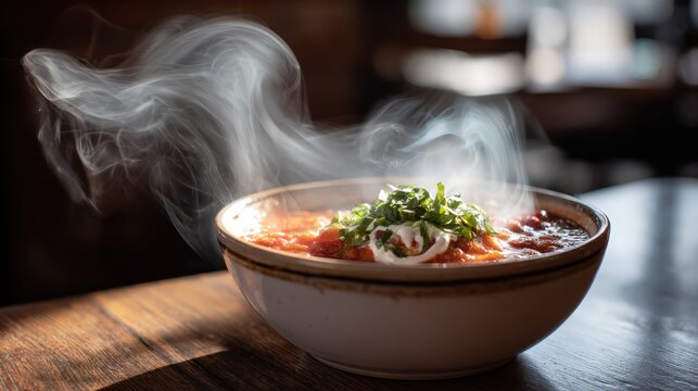 Hot delicious soup served in a bowl with steaming aroma and fresh herbs