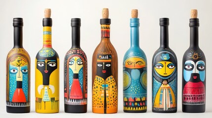 Row of various wine bottles intricately decorated with colorful folk art portraits and patterns