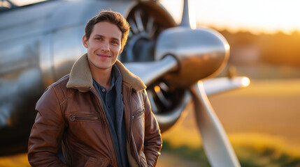 Pilot in leather jacket beside vintage aircraft, golden hour light, propeller plane heritage, adventure and courage, aviation nostalgia, timeless exploration, freedom and pride, wi