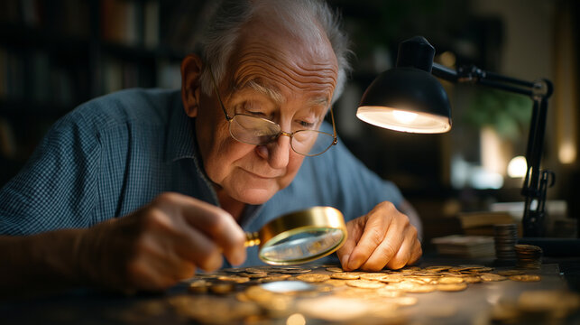 Elderly man examining antique coin collection under desk lamp, magnifying glass in hand, nostalgia and precision, heritage hobby, timeless passion, craftsmanship and patience, vint