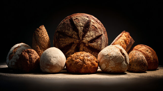Assorted artisan bread loaves arranged on dark background.