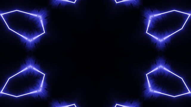 Acid abstract mandala kaleidoscope neon background with octagonal fractal grid, glowing futuristic symmetry and endlessly transforming luminous geometry visuals