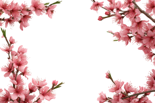 Pink blossoms frame a black background.  Delicate,  light pink flowers form a border around a central black area.  Spring, nature, floral,  decorative