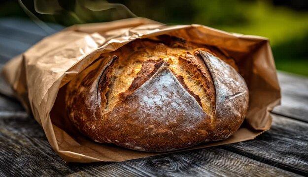 loaf of freshly baked bread wrapped in a brown paper bag, ideal for picnics or as a gift