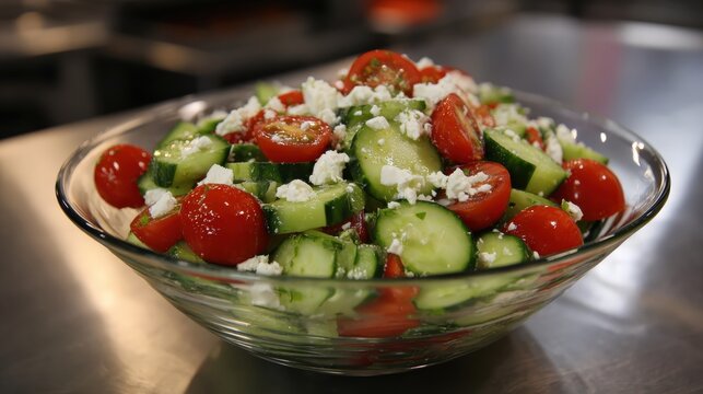 Fresh vegetable salad with cherry tomatoes and cucumbers in a glass bowl - Powered by Adobe