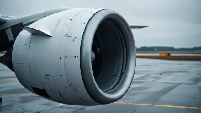 Close-up view of an airplane engine at an airport during rainy weather with the plane in the background. 4k video