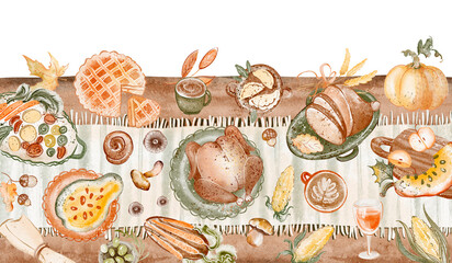 Watercolor illustration of a Thanksgiving holiday dinner table. Features turkey, pie, vegetables, and other dishes. Hand drawn artwork suitable for menu design, cards, posters, and backgrounds.