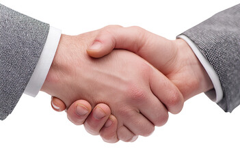 Close-up of two hands shaking.  Businessmen in light gray suits.  Neutral, professional